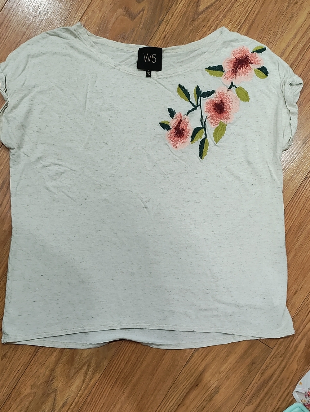 W5 Heather Gray Tee with Pink Floral Embroidery